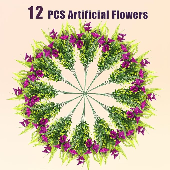 Artificial Flowers Outdoors 12 Bundles Artificial Petunias Fake Flowers UV Resistant Shrubs Plants with Fern for Indoor Outside Hanging Planters Home Garden Summer Decorations (Magenta)