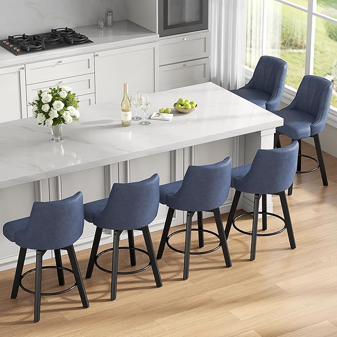 Counter Height Swivel Bar Stool, 24" Upholstered PU Leather Barstools Set of 2, Counter Stool Chair with Back & Solid Wood Legs for Kitchen Island Dining Room (Blue)