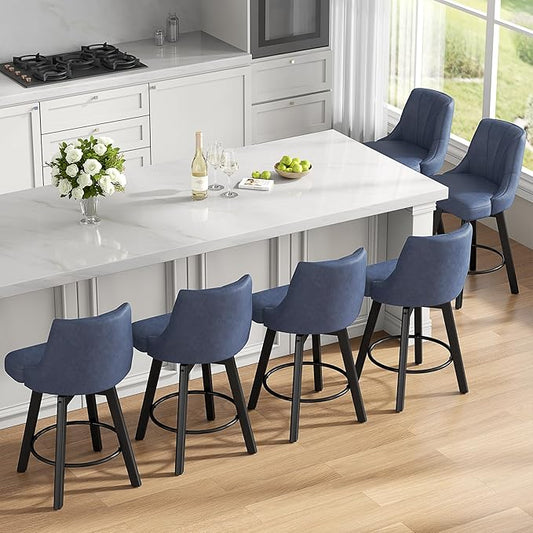 Counter Height Swivel Bar Stool, 24" Upholstered PU Leather Barstools Set of 6, Counter Stool Chair with Back & Solid Wood Legs for Kitchen Island Dining Room (Blue)