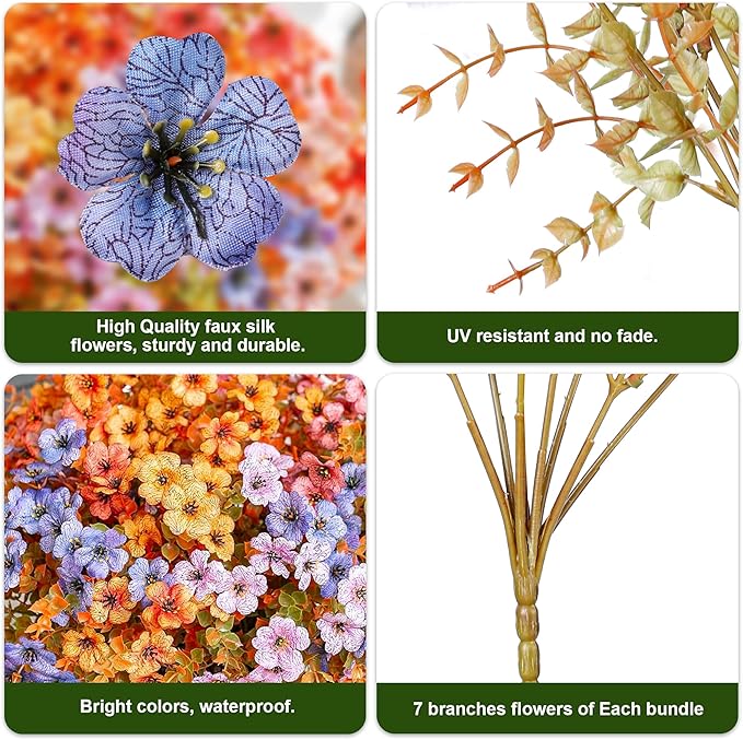 Artificial Fall Flowers Fake Mums for Outdoor Autumn Decoration, 12 Bundles Faux Silk Orange Yellow Mums Daisy Look Real UV Resistant for Outside Home Porch Patio Planter (Fall-6multicolor)