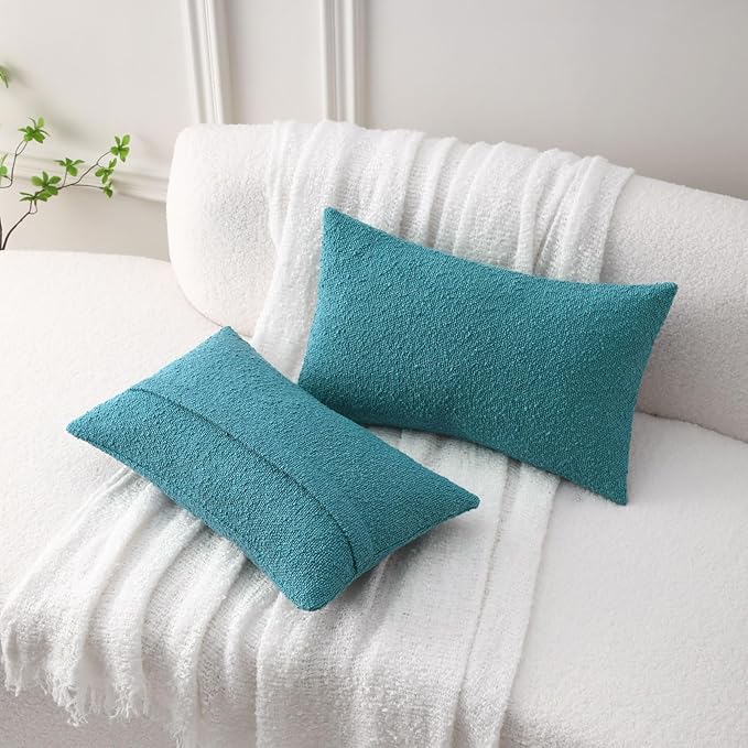 FUTEI Pack of 2 Teal Blue Decorative Throw Pillow Covers 12x20 Inch Soft Cozy Solid Boucle Textured Lumbar Pillow Cases,Modern Home Decor for Couch Bed Living Room
