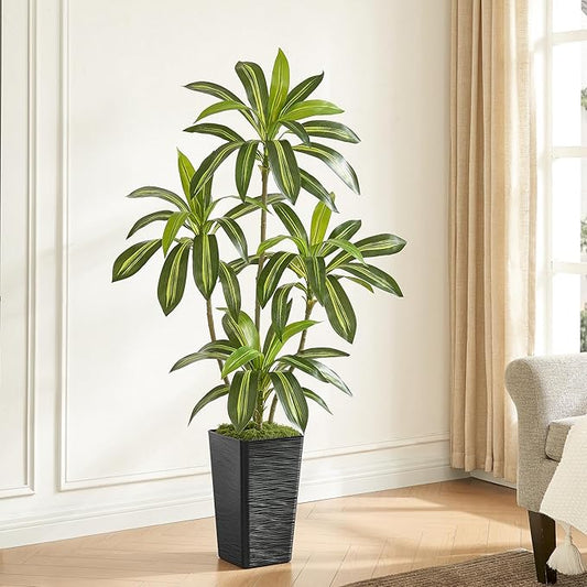 5FT Artificial Dracaena Tree with Black Planter and Fake Moss - Real Touch Fake Plant for Home & Office Decor, Faux Yucca Indoor Floor Tree, Low Maintenance, Non-Fading Silk Plants