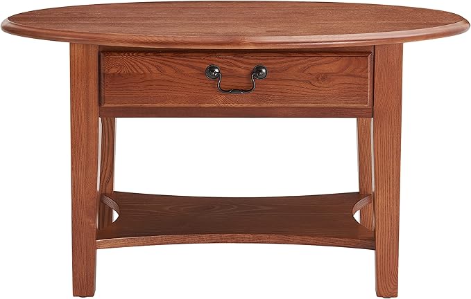 Haven Ridge One Drawer Solid Wood Oval Coffee Table with Shelf, Medium Oak Brown – Leick Home, 9044-MED
