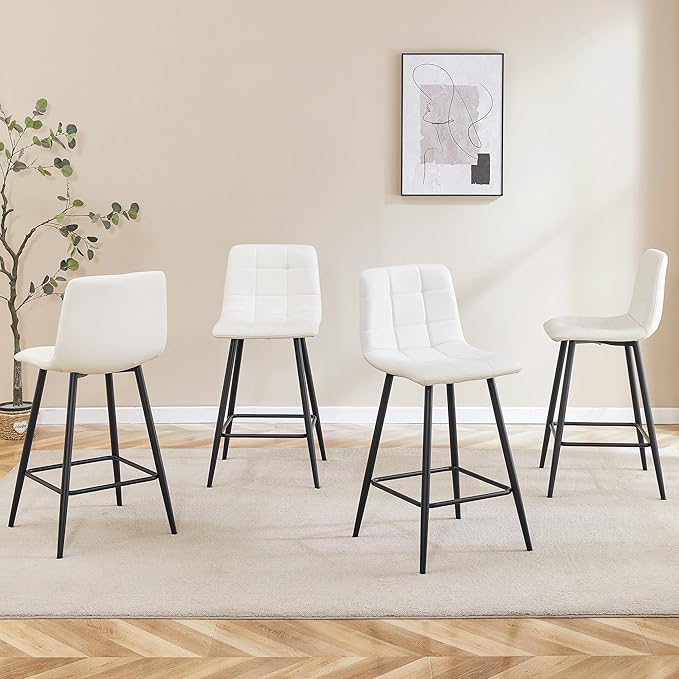 Bar Stools Set of 4,White Faux Leather Counter Height Bar Stools,24.6" Bar Chairs with Back Metal Footrest,Modern Counter Stool with Back and Footrest for Kitchen Island Restaurants Pubs