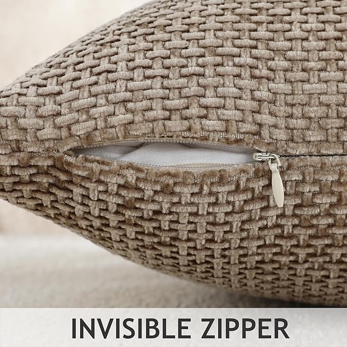 Stellhome Pack of 2 Woven Textured Decorative Throw Pillow Covers Soft Chenille Accent Luxury Cushion Cases for Living Room Couch Bed Sofa Farmhouse Boho Home, 12x20 inch, Light Brown