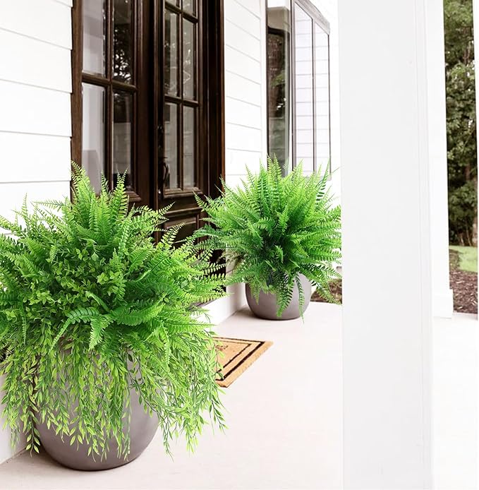 summer flower 10 Pack Fake Plants Boston Fern Artificial Greenery Plant Branches UV Resistant Faux Ferns for Outdoor Garden Wall Hanging Planter Front Porch Party Decor Home Bathroom Decorations