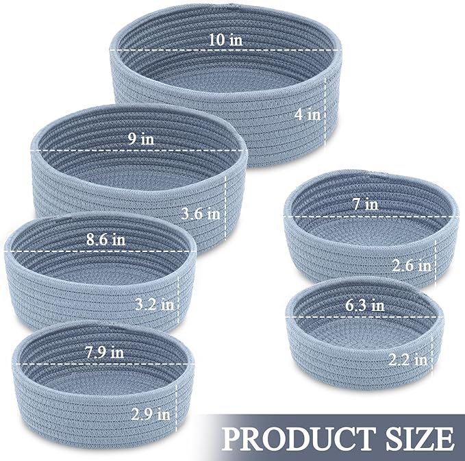 Small Shelf Storage Baskets for Organizing, 6 Pack Round Cotton Rope Bins, Decorative and Cute Woven Baskets for Bedroom and Closet, Key Tray Bowl, Home Decor Countertop Organizer (Blue)