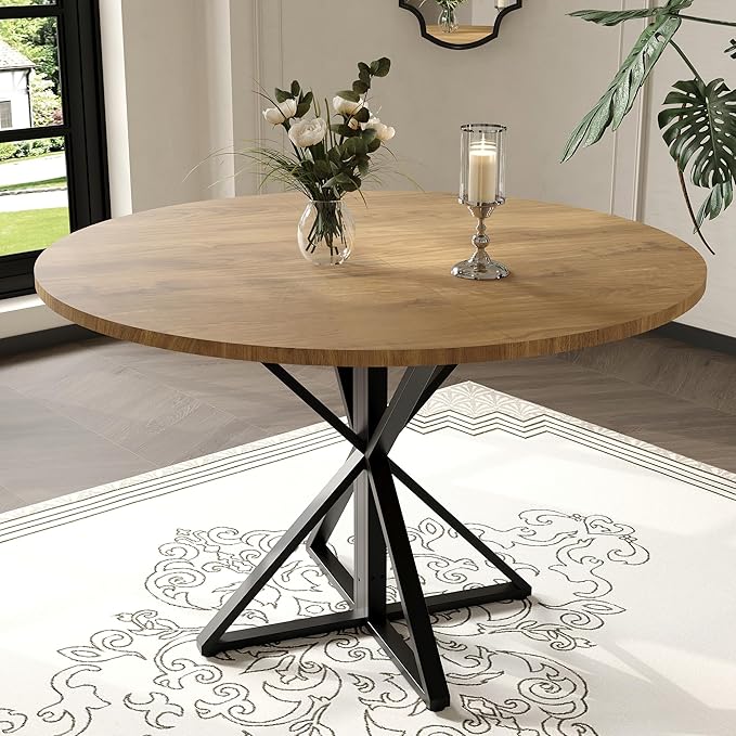 GarveeHome 47 inch Round Dining Table for 4, Brown, Farmhouse Wood Circle Pedestal Kitchen Table, Circle Dinner Table for Kitchen & Dining Room