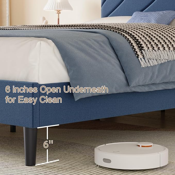 HOMBCK Full Size Bed Frame with Adjustable Headboard, Full Bed Frame with Linen Fabric Upholstered and Wooden Slats Support, No Box Spring Needed, Noise-Free, Easy Assembly, Blue