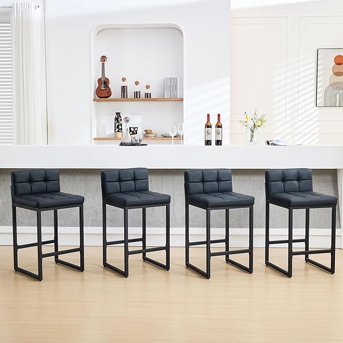 Bar Stools Set of 4, PU Leather Counter Height Barstools with Low Back and Thickened Metal Legs, 26 Inch Modern Island Chairs for Kitchen Island, Bar, Counter (Black, 4Pcs 26" Bar Stools)