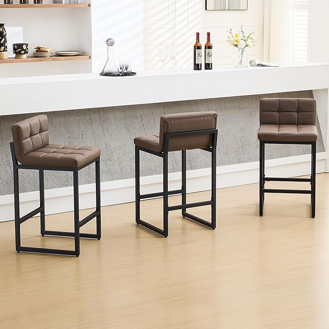 Bar Stools Set of 3, Upholstered PU Leather Counter Height Barstools with Low Back and Thickened Metal Legs, Modern Chairs for Kitchen Island, Bar, Counter (Coffee Brown, 3Pcs 26" Bar Stools)