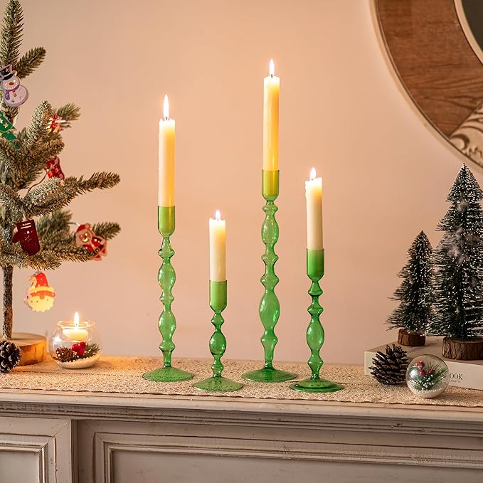 Glasseam Green Glass Candle Holder: Tapered Candlestick Holders Set of 4 Modern Candle Stick Holders for Taper Candlesticks Tall Decorative Candle Holders for Centerpiece Dining Table Christmas Party