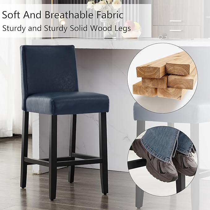 26'' Faux Leather Bar Stools, Modern Upholstered Bar Chairs with Back, Soild Wood Legs Barstools for Kitchen Island, Blue