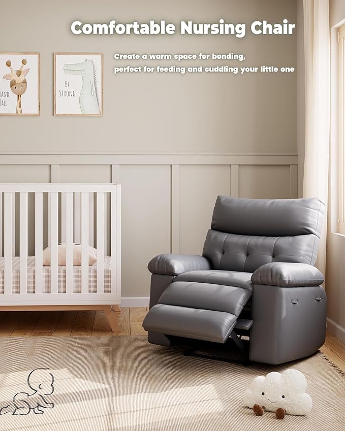 Garvee Manual Recliner PU Leather Living Room Chair Adjustable Reclining Chair Oversized Home Theater with Massage & Heat - Gray