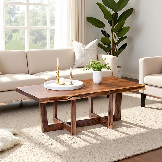 Berkshire 48-Inch Live Edge Acacia Wood Coffee Table – Handcrafted Natural Wood with Floor Protectors – Large Modern Industrial Farmhouse Accent Table by Alaterre Furniture