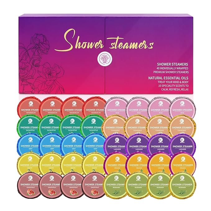 40 PCS Shower Steamers Aromatherapy for Women or Men, 10 Scents Organic with Rose Lavender Mint Watermelon Eucalyptus Lemon Rosemary Grapefruit, Shower Bombs Spa Birthday Gifts for Her Him