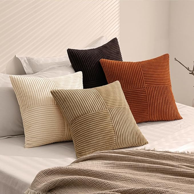 MIULEE Brown Beige Throw Pillow Covers 16x16 Inch Set of 4 Boho Farmhouse Cushion Cases for Livingroom Couch Bed Soft Corduroy Pillow Cases with Invisible Zipper Home Decor