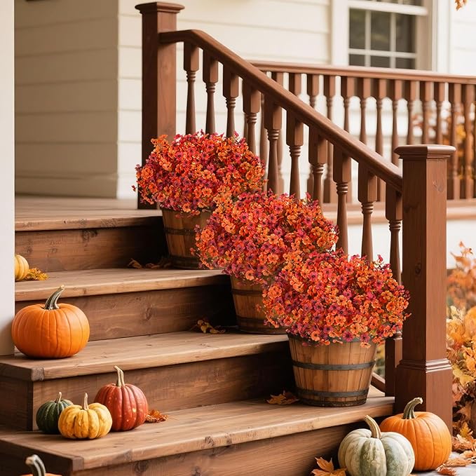 Artificial Fall Flowers for Decoration Fake Flowers Outdoor Artificial Plants, 12 Bundles Faux Mums Autumn Plastic Flower UV Resistant for Porch Patio Home Yard Garden Window Box Pot Planters