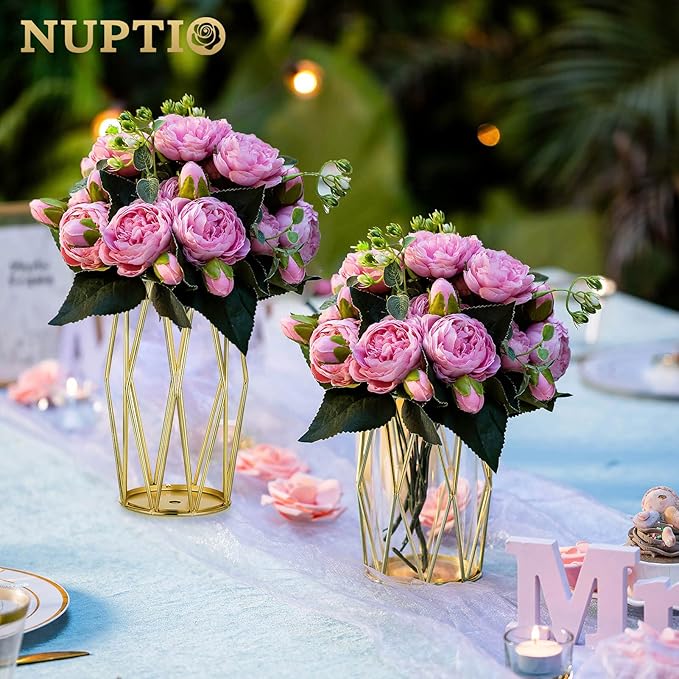 Nuptio Candle Holders for Pillar Candles - Geometric Candleholders Gold Flower Vase with Hurricane Cylinder Glass Dual Uses for Wedding Birthday Party Table Living Room Centerpieces