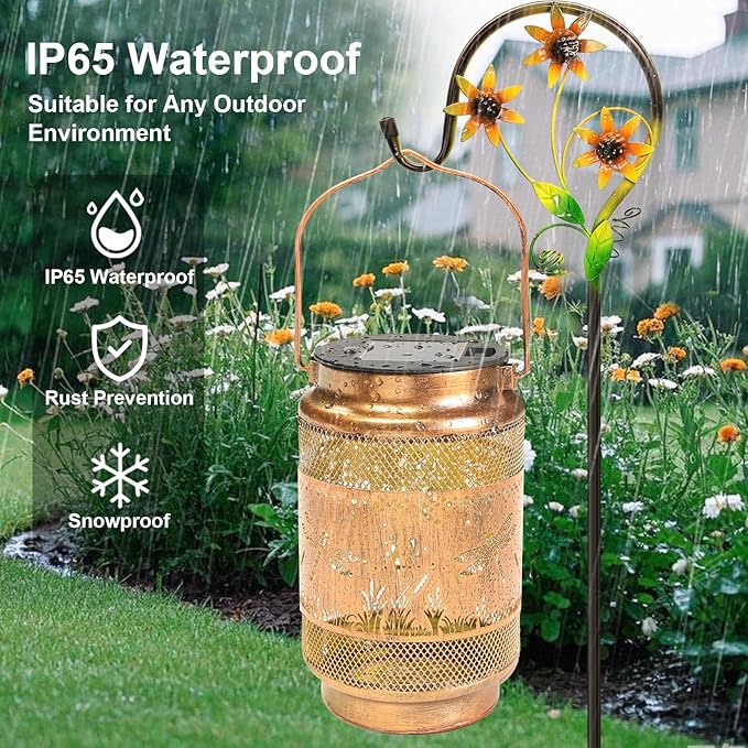 2 Pack Dragonfly Solar Lanterns Outdoor Waterproof Solar Garden Decor, Birthday Gifts for Christmas Women Mom Grandma, Metal Hanging Lights with Shepherd Hook for Outside Yard Patio Pathway Porch