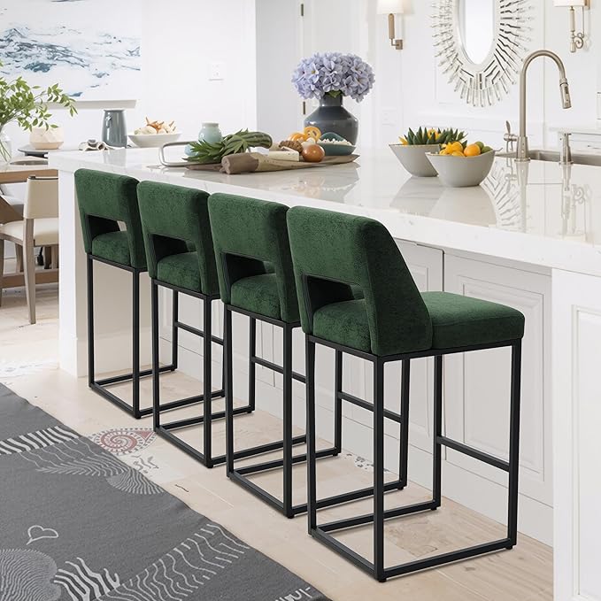 Counter Height Bar Stools Set of 3 for Kitchen Counter Modern Bar Chairs with Backs for Kitchen Island with Upholstered Fabric Seat and Metal Frame, Green, 26 Inch