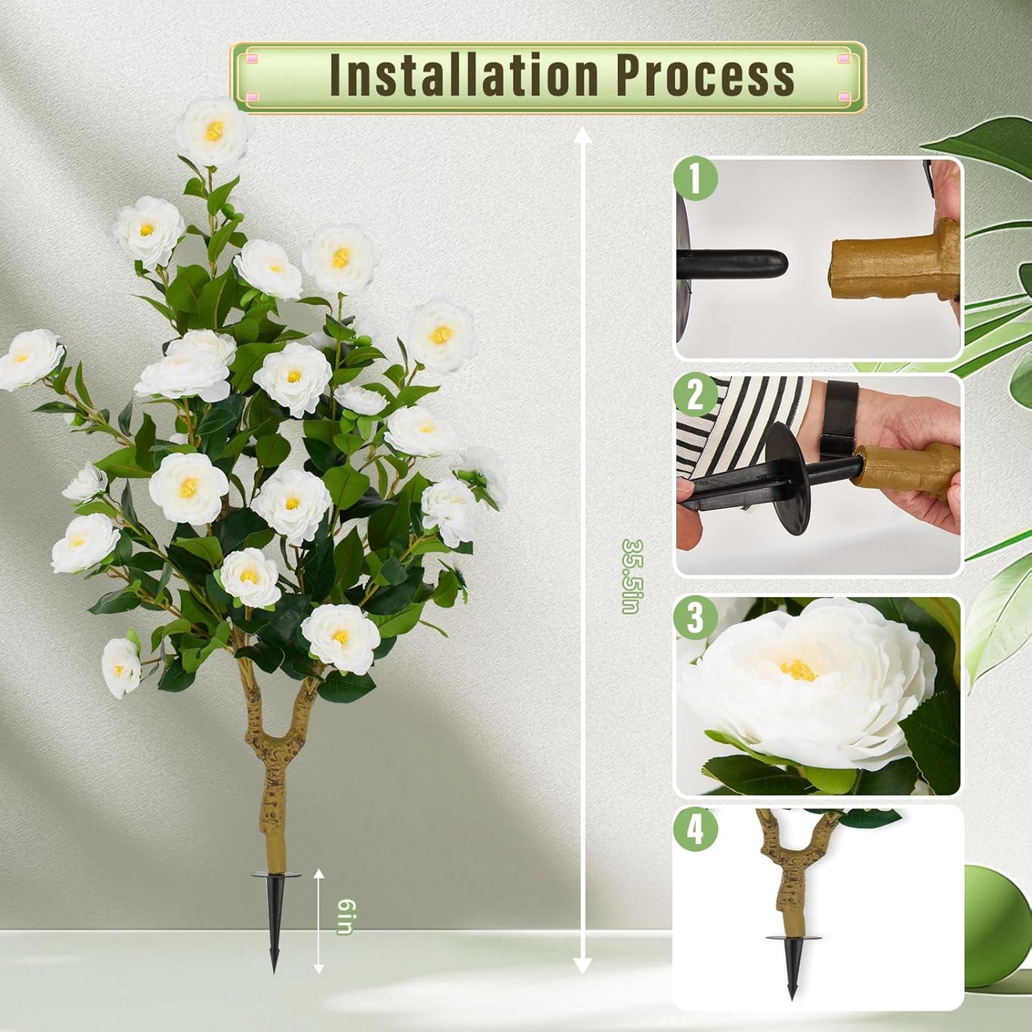 Romantic Season 2Pack 36" Artificial Camellia Tree with Ground Spike - White Faux UV Resistant Blooming Bush, Lifelike Camellia Flowers for Indoor Outdoor Decor, Perfect for Wedding