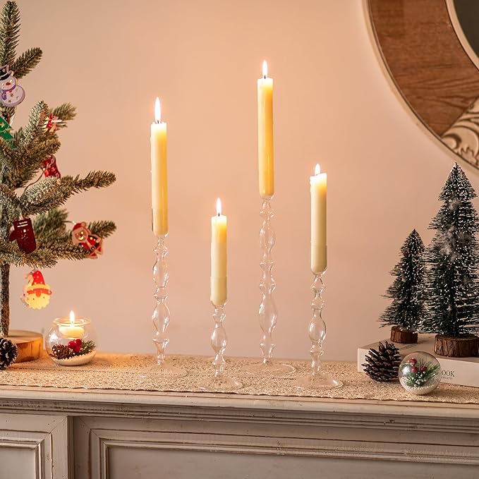 Glasseam Glass Candle Holders for Candlesticks: 4 Pcs Clear Taper Candle Holders Modern Tall Candle Stick Holder for Table Centerpiece Party Dining Room Home Decor Wedding