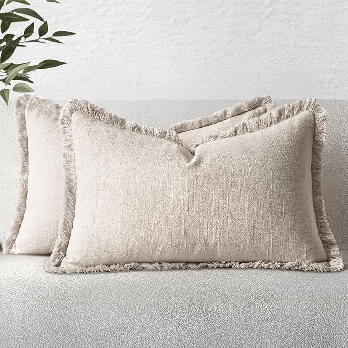 MIULEE Christmas Decorative Lumbar Throw Pillow Covers Neutral Linen Fringe Throw Pillows Set of 2 Natural Beige Boho Farmhouse Cushion Covers for Couch Sofa Bed Living Room Home Decor 12x20 Inch