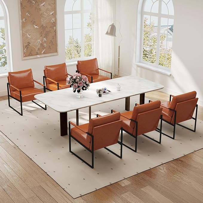 Phoenix Home PU Leather Accent Chair Set of 6, Leisure Metal Framed Armchair with Extra Soft Padded and Cushion, 105 Degree Slant Back, Modern Reading Arm Chair for Living Room/Office/Bedroom, Brown