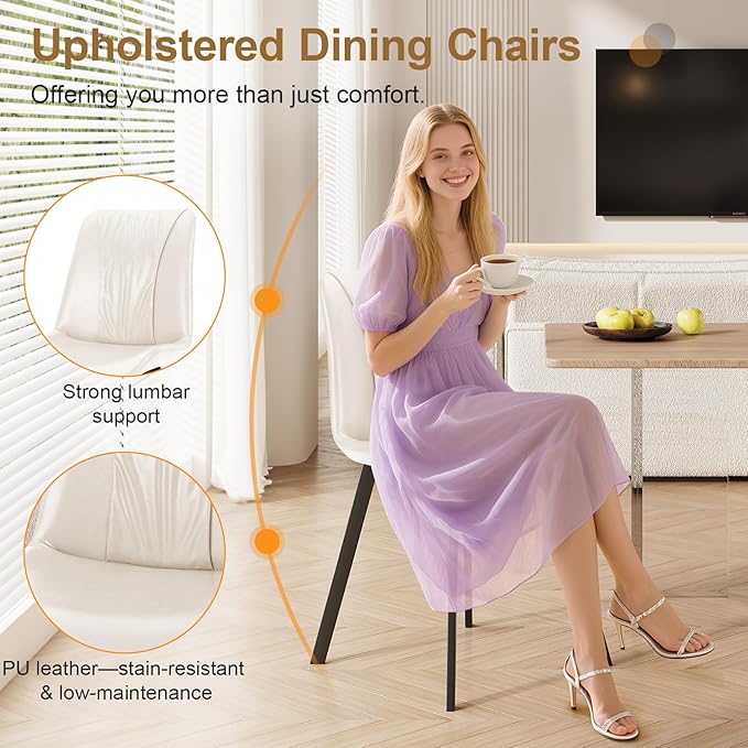 Upholstered Dining Chairs Set of 4, Modern Kitchen & Dining Room Chairs, Faux Leather, Sturdy Metal Legs, for Living Room, Cafe & Restaurant- White