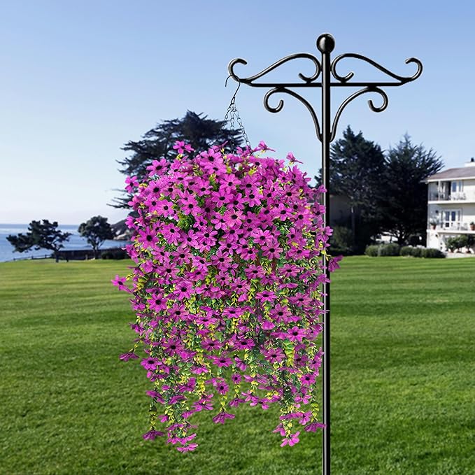 Fake Artificial Hanging Flowers for Outdoors Fake Plants Decoration, 2 Bundles Faux Silk Colorful Daisy Eucalyptus Realistic UV Resistant for Outside Home Planter Porch Patio Yard Decor(Purple)