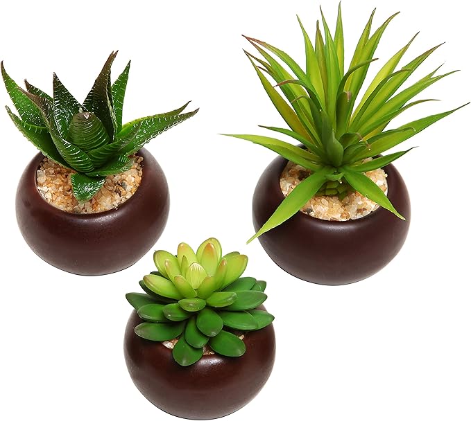 MyGift Succulents Plants Artificial, Fake Faux Indoor House Plants in Round Brown Ceramic Pots, Set of 3