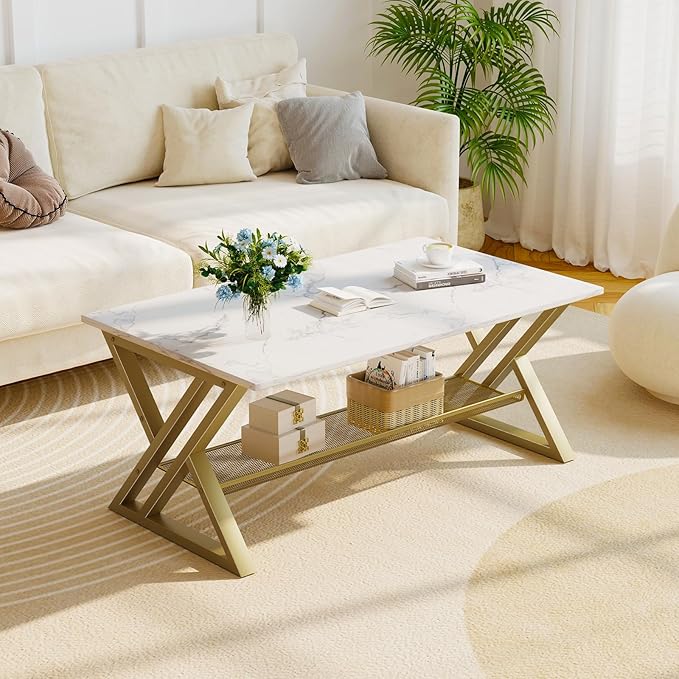 Coffee Table Living Room Table with Storage Shelf, White Table Simple Modern Faux Marble Rectangular Tables with Sturdy Gold Metal Frame,Industrial Wooden Coffee Table for Bedroom Home Office