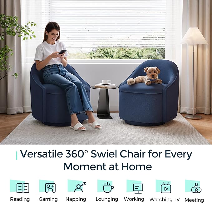 LINSY Swivel Accent Chair with Storage Comfy Chenille Barrel Chairs, Small 360 Swivel Modern Armchair for Living Room Bedroom, Boucle Reading Chair for Study Room (Blue)