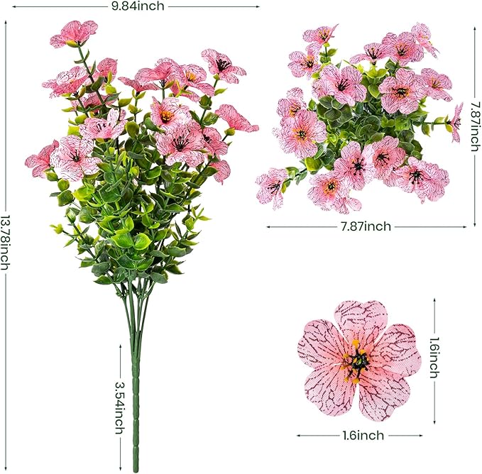 20 Bundles Artificial Flowers for Outdoor Fake Plants for Spring Decoration,Faux Eucalyptus Flowers for Planter UV Resistant Lifelike for Home Porch Garden（Pink）