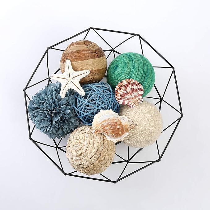 6 Pcs 3.5in Summer Spherical Decorative Balls - Blue & Green Rattan Balls with Twine for Vase & Bowl Fillers