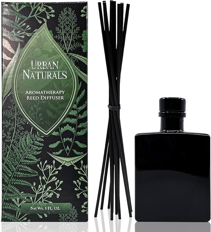 Urban Naturals Balsam Forest Reed Diffuser Oil Set – Fraser Fir, Evergreen, Pine, Woodsy Cedar and Sandalwood – 5 Ounce Sleek Black Rectangular Refillable Glass Bottle – Made in The USA