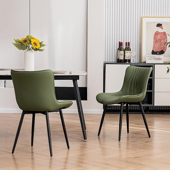 Kidol & Shellder Bean-Green Dining Chairs Set of 2,Upholstered Mid Century Modern Kitchen&Dining Room Chair with Back,Ergonomic Armless Vanity&Living Room Chair with Metal Legs