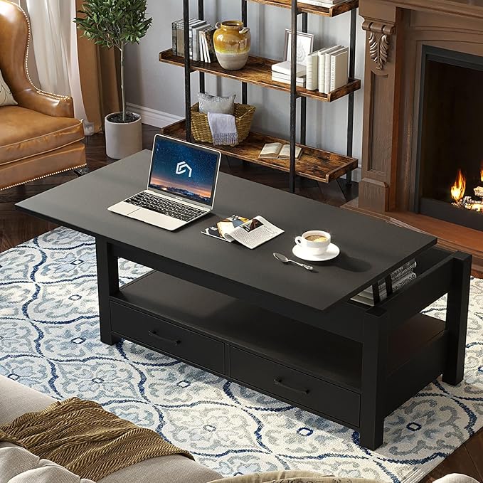 Rolanstar Coffee Table, Lift Top Coffee Table with Drawers and Hidden Compartment, Retro Central Table with Wooden Lift Tabletop, for Living Room, Black