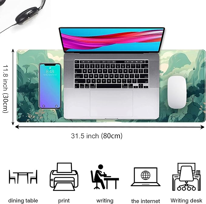 Cute Pastel Mint Green Forest Sage Desk Mat Anime Large Gaming Mouse Pad XL, Aesthetic Sunrise Laptop Computer Keyboard Mouse Mat, Women Office Desk Decor Cover Mat with Stitched Edges 31.5"x11.8"