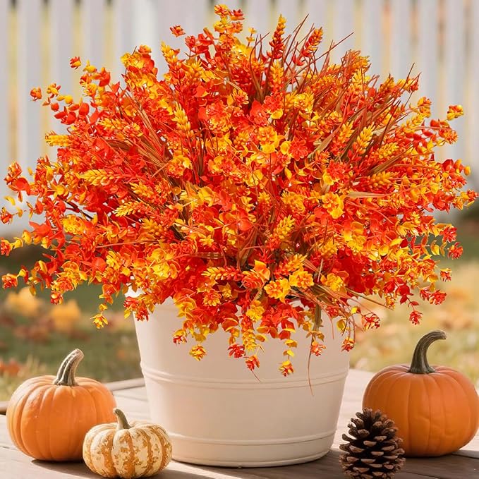 Artificial Faux Fall Mums Flowers Plants for Outdoor Outside, 12 Bundles Fake Autumn Orange Daisy Plastic Shrubs Greenery Realistic UV Resistant for Front Door Porch Patio Balcony Garden Yard Decor