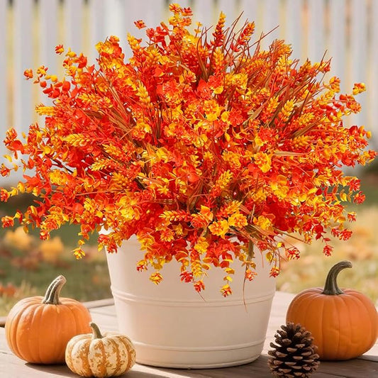 Artificial Faux Fall Mums Flowers Plants for Outdoor Outside, 12 Bundles Fake Autumn Orange Daisy Plastic Shrubs Greenery Realistic UV Resistant for Front Door Porch Patio Balcony Garden Yard Decor