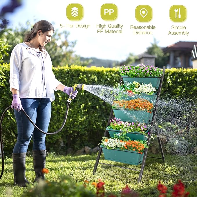 Safstar 5-Tier Vertical Raised Garden Bed, Freestanding Garden Planter with 5 Container Boxes, Elevated Planter for Vegetables, Fruits, Flowers, Herbs, Good for Indoor & Outdoor Use (Green, 2)