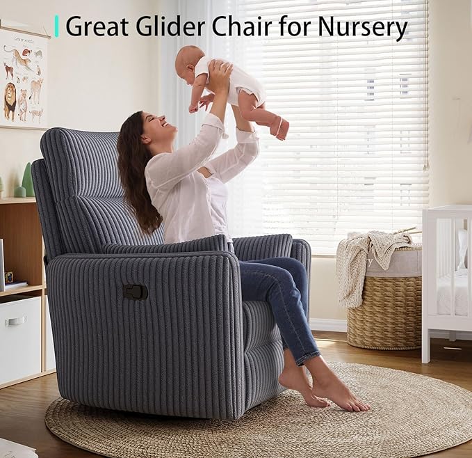 LINSY 360 Swivel Nursery Recliner - Corduroy Glider Rocking Chair with 2 Pillows, Comfy High Back Adult Recliner for Small Spaces, Nursery Bedroom Living Room Reclining Chairs, Grey