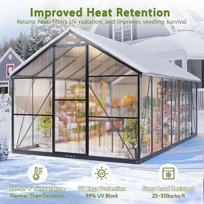 Wanan 8x14FT Greenhouses for Outdoors, Quick Assembly Polycarbonate Green House with UV Protection, Heavy Duty Windproof Aluminum Frame, Adjustable Roof Vent for Backyard or Outdoor Garden Use