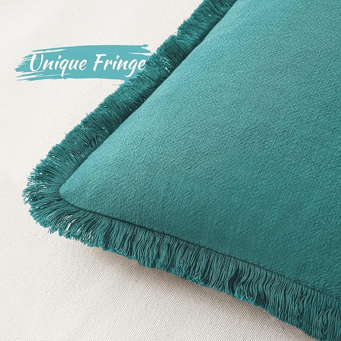 MIULEE Decorative Throw Pillow Covers Neutral Linen Fringe Throw Pillows Set of 2 Teal Boho Farmhouse Cushion Covers with Tassels for Couch Sofa Bed Living Room Spring Home Decor 20x20 Inch