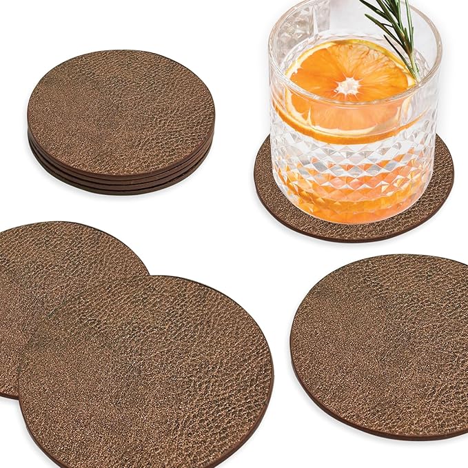 Set of 8 Morgan Faux Leather 4 Inch Round Coasters, Heat & Water Absorbent, Natural Style, Drinks Tabletop Home Dinning, Bronze
