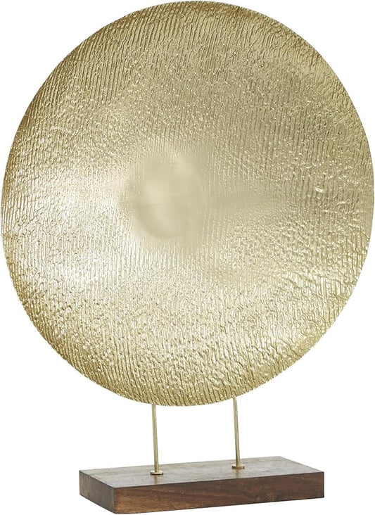 Deco 79 Metal Geometric Decorative Sculpture Plate Home Decor Statue with Wood Stand, Accent Figurine 22" x 6" x 27", Gold