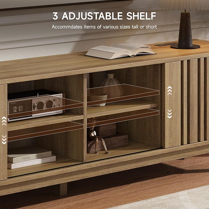 ONBRILL 70-Inch TV Stand for TVs up to 80 Inch, Mid-Century Modern Television Stand with Power Outlet， Entertainment Center with Sliding Grille Door Cabinets and Open Shelves for Living Room, Oak