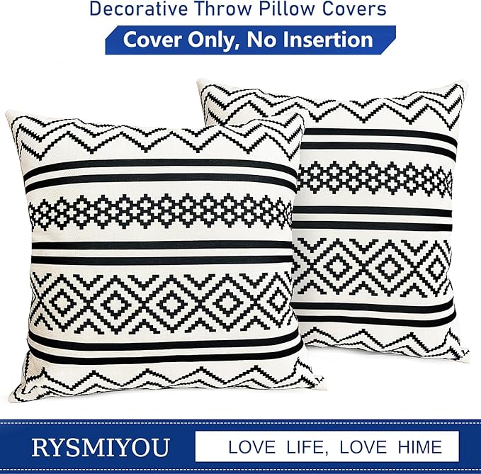 Decorative Throw Pillow Covers Set of 2 Black Boho Pillow Covers 20x20 Inch Throw Pillow Cover Linen Pillowcase Modern Boho Farmhouse Outdoor Pillow Covers for Couch Sofa Bed Living Room